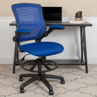 Flash Furniture BL-ZP-8805D-BLUE-GG Mid-Back Blue Mesh Ergonomic Drafting Chair with Adjustable Foot Ring and Flip-Up Arms